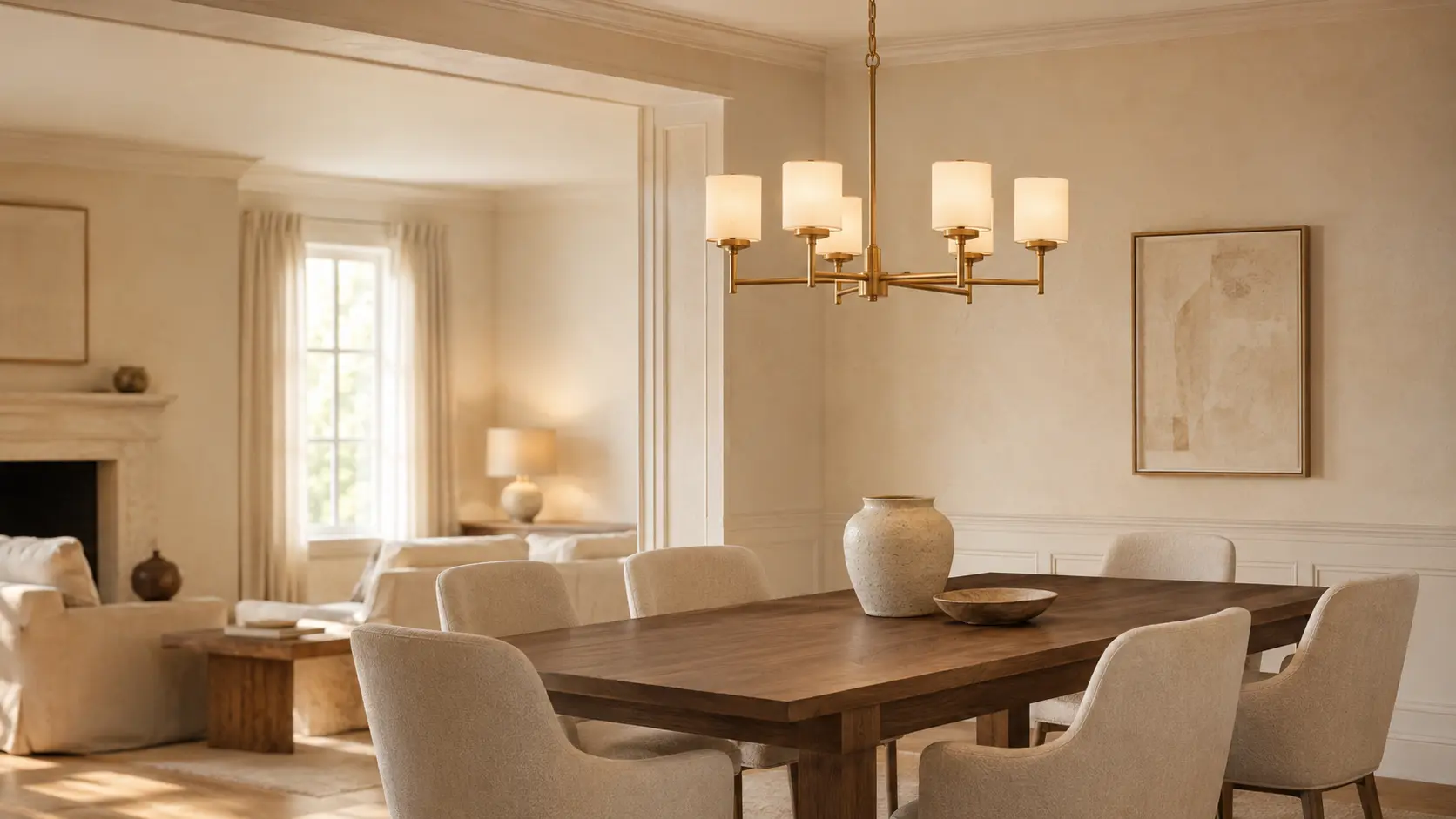 Warm dining room with lighting and decor