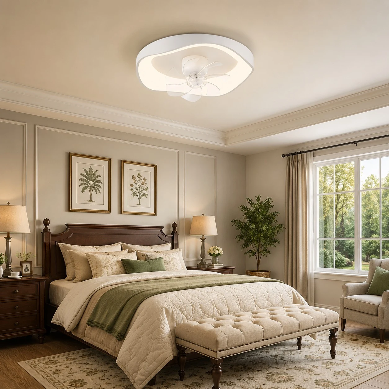 Ceiling fan light scale in a bright bedroom
