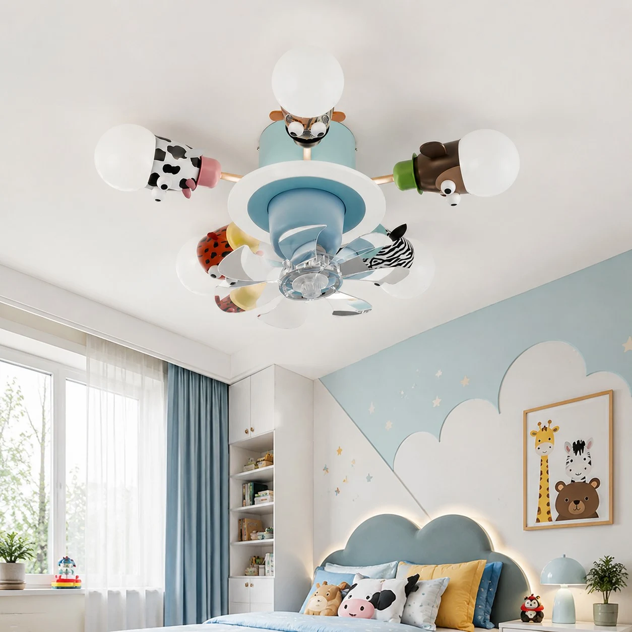 Blue kids animal ceiling fan light in a playful bedroom