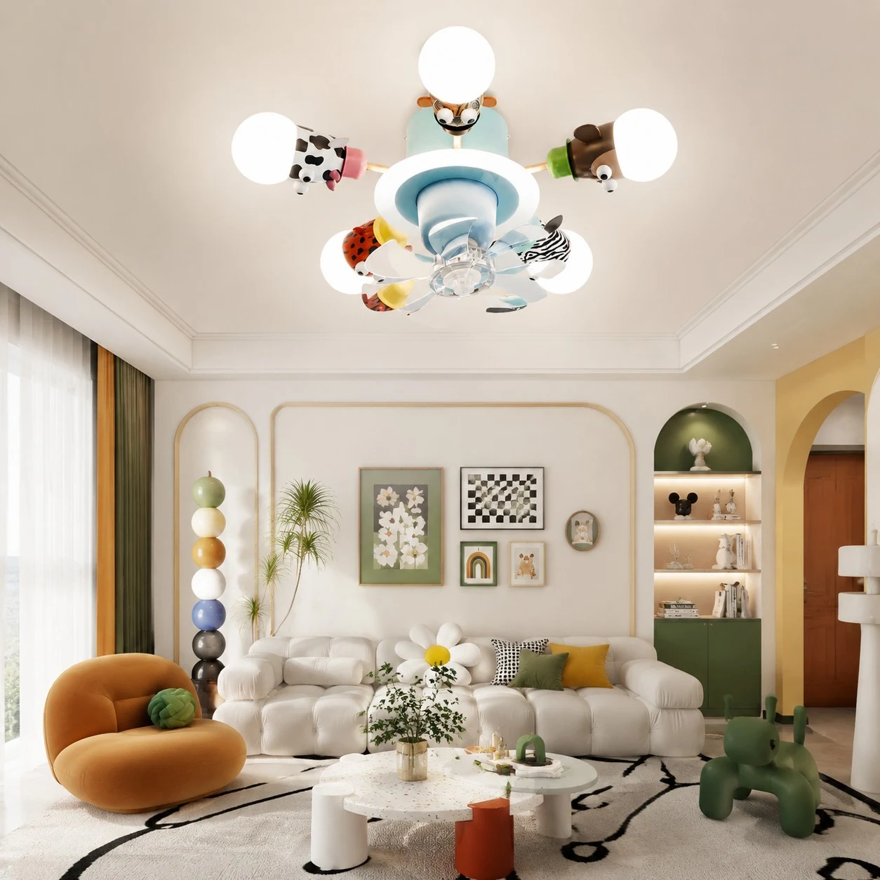 Blue kids animal ceiling fan light in a colorful living room