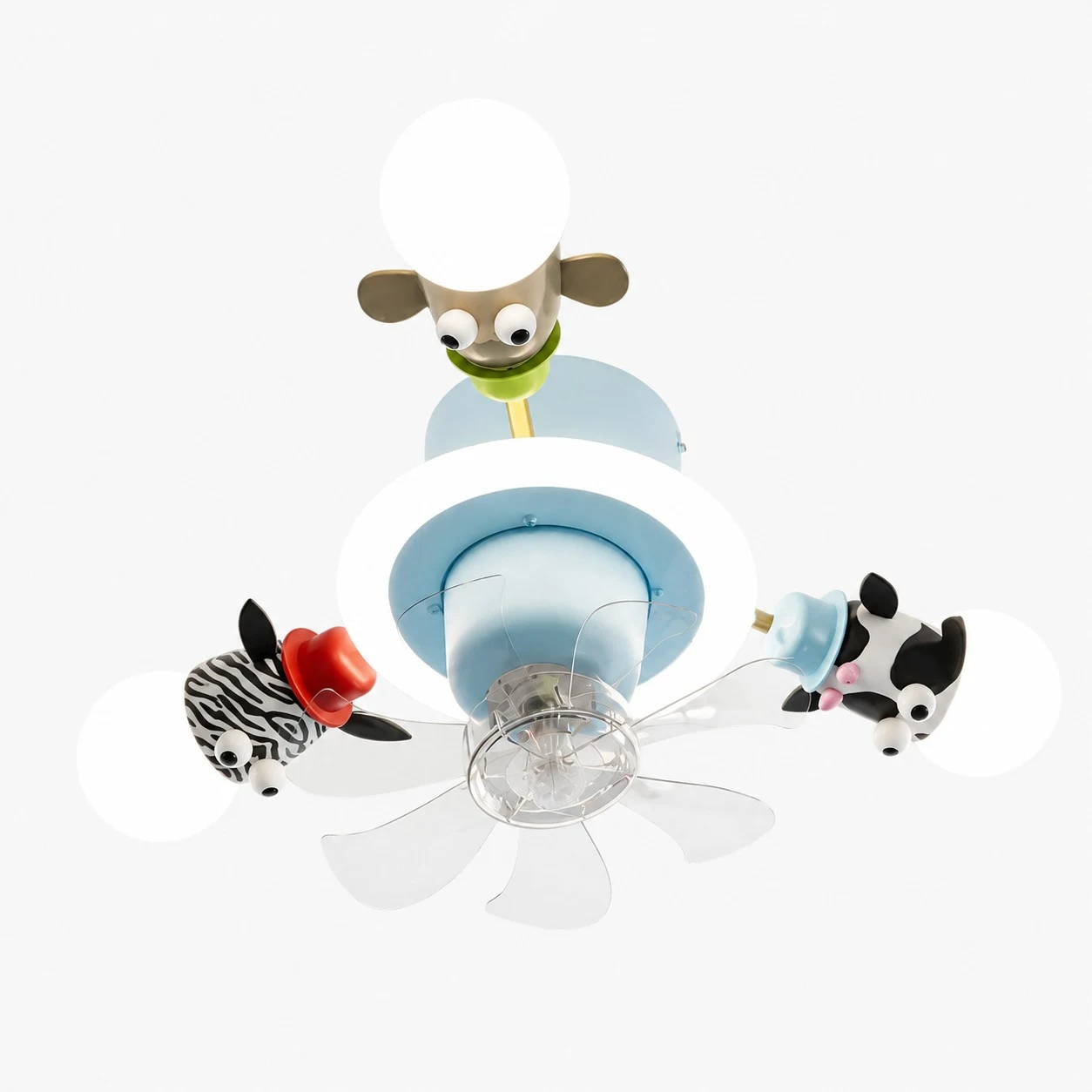 Blue 3-head kids animal ceiling fan light on white background