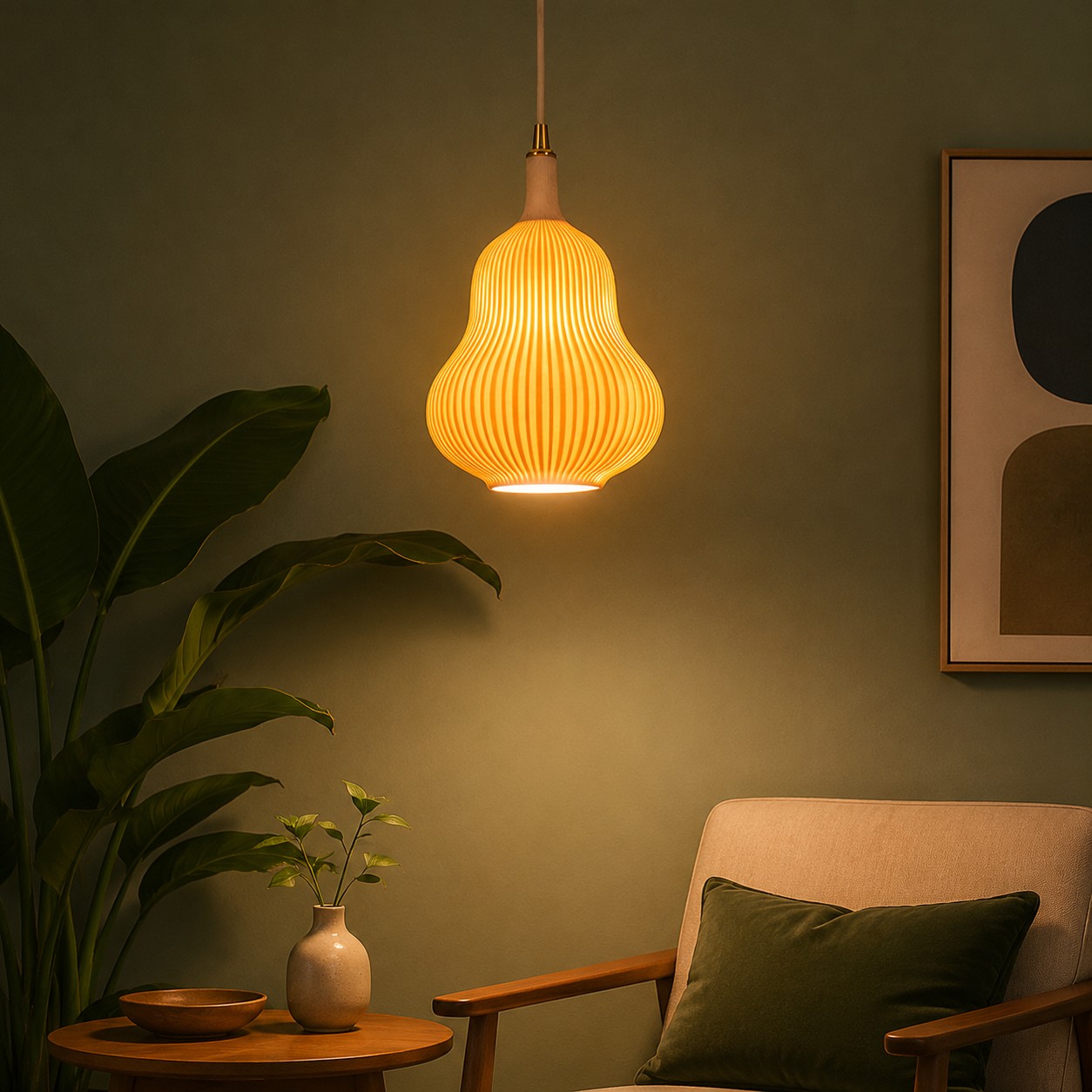 Ceramic pendant lamp in a reading corner