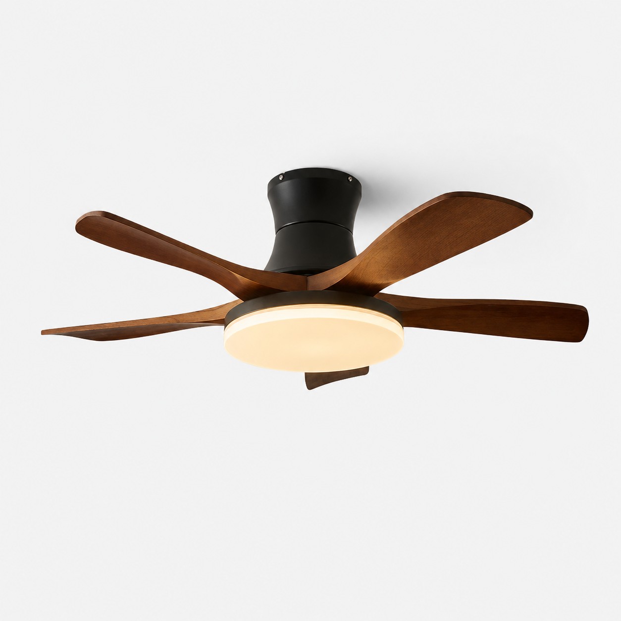 Five-blade black walnut ceiling fan light on a clean background