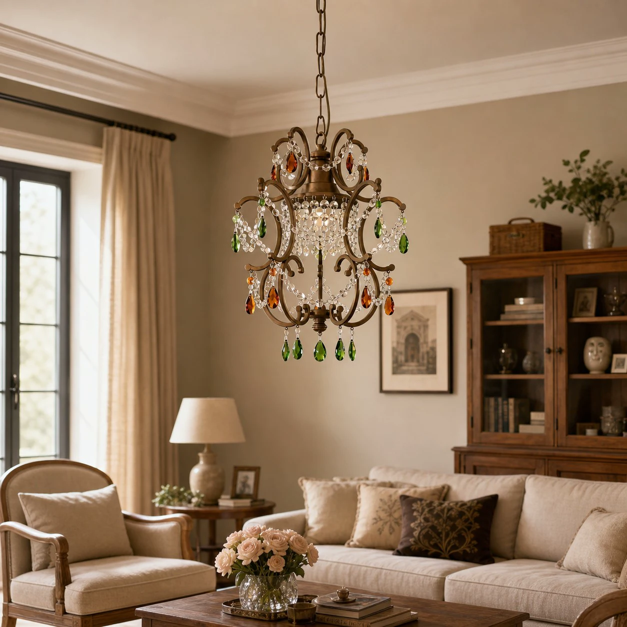 Crystal pendant light in a classic living room