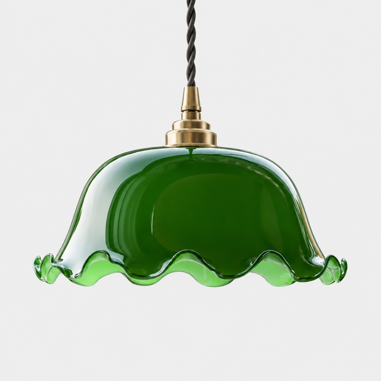 Green wavy glass pendant light with copper plated base