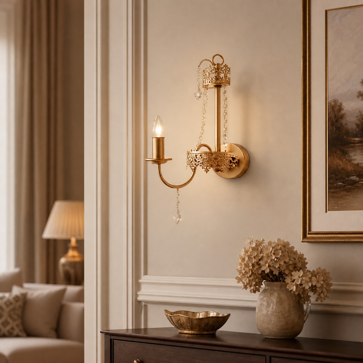 Crystal candle wall sconce above a dark wood console in a refined living space