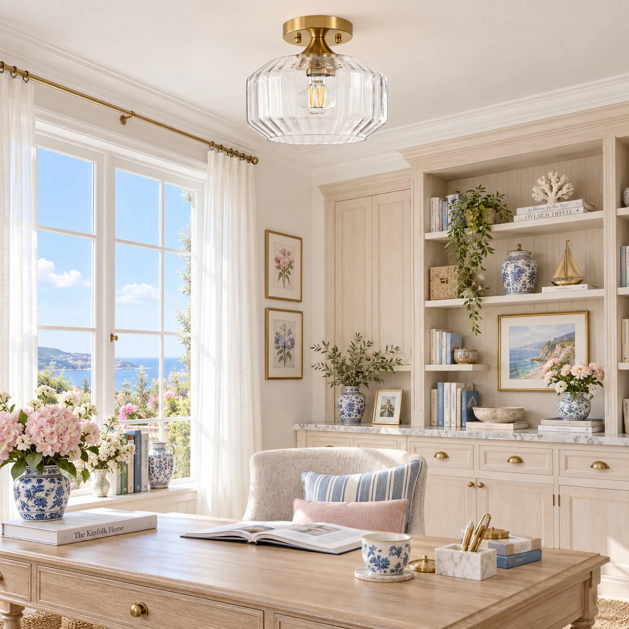 Ribbed glass and brass semi-flush ceiling light in a styled room