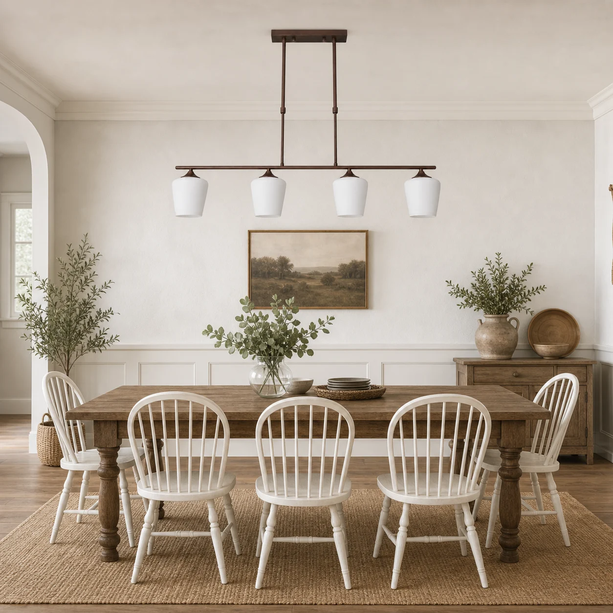 Lustre Strellux brun café au-dessus d’une table à manger farmhouse