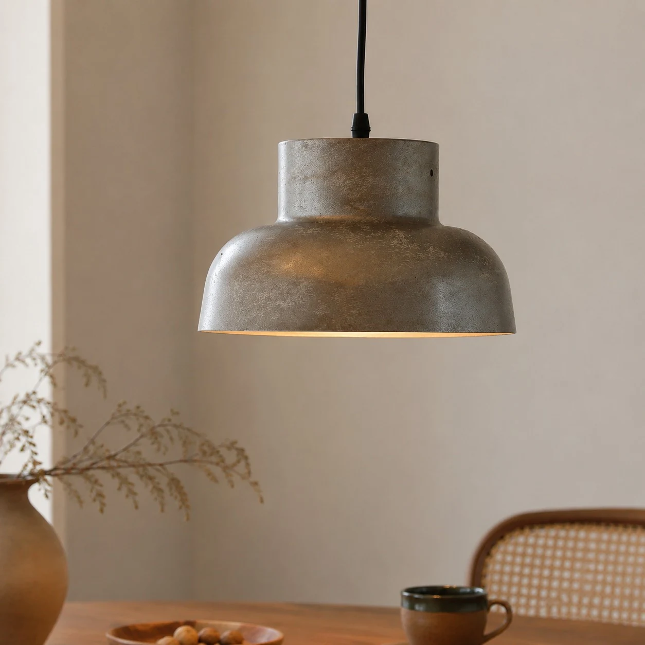 Lampa wisząca z postarzanego metalu nad stołem jadalnym
